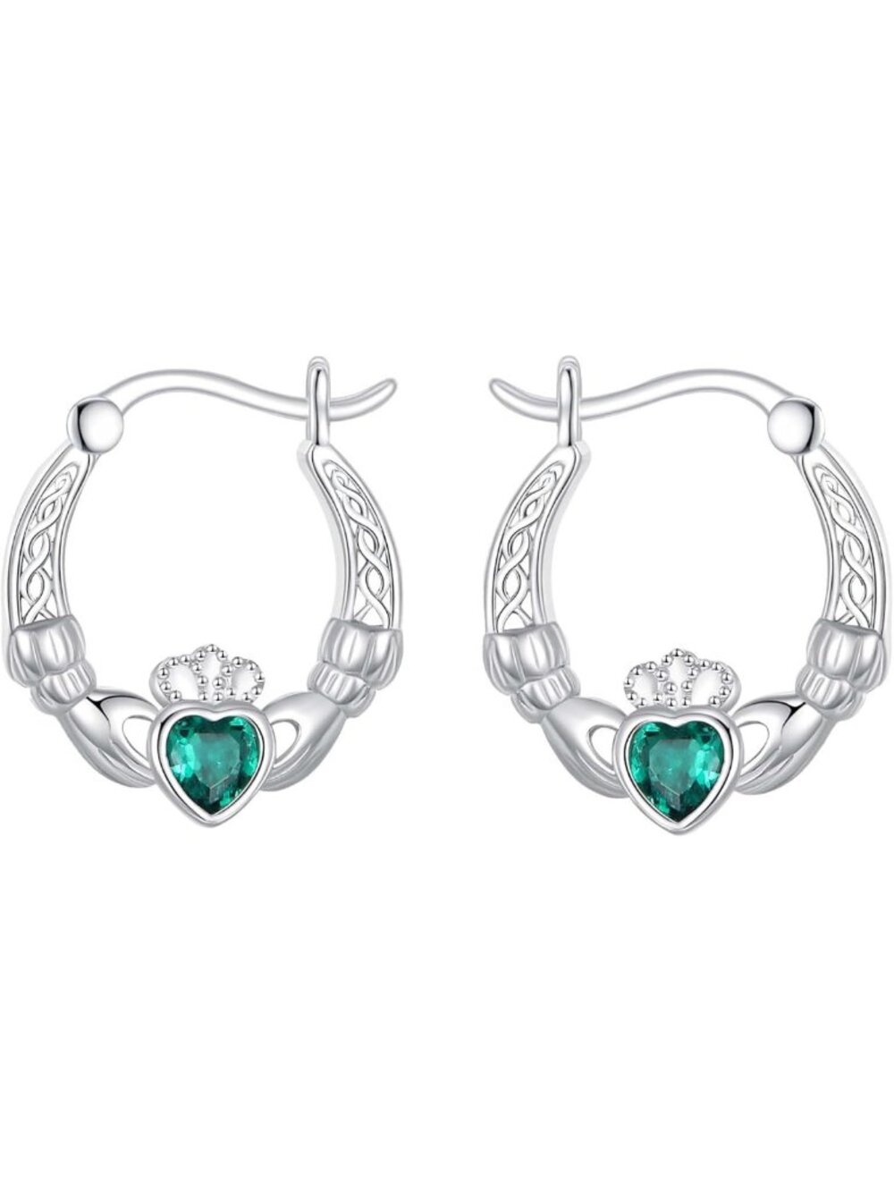 Celtic Knot Hoop Earrings in 925 Sterling Silver with Green CZ - Irish Jewelry